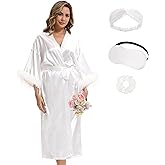 MEEYI Bride Robe for Wedding Day with Feather Trim Satin Robe for Women Bridal Party Long Silky Kimono