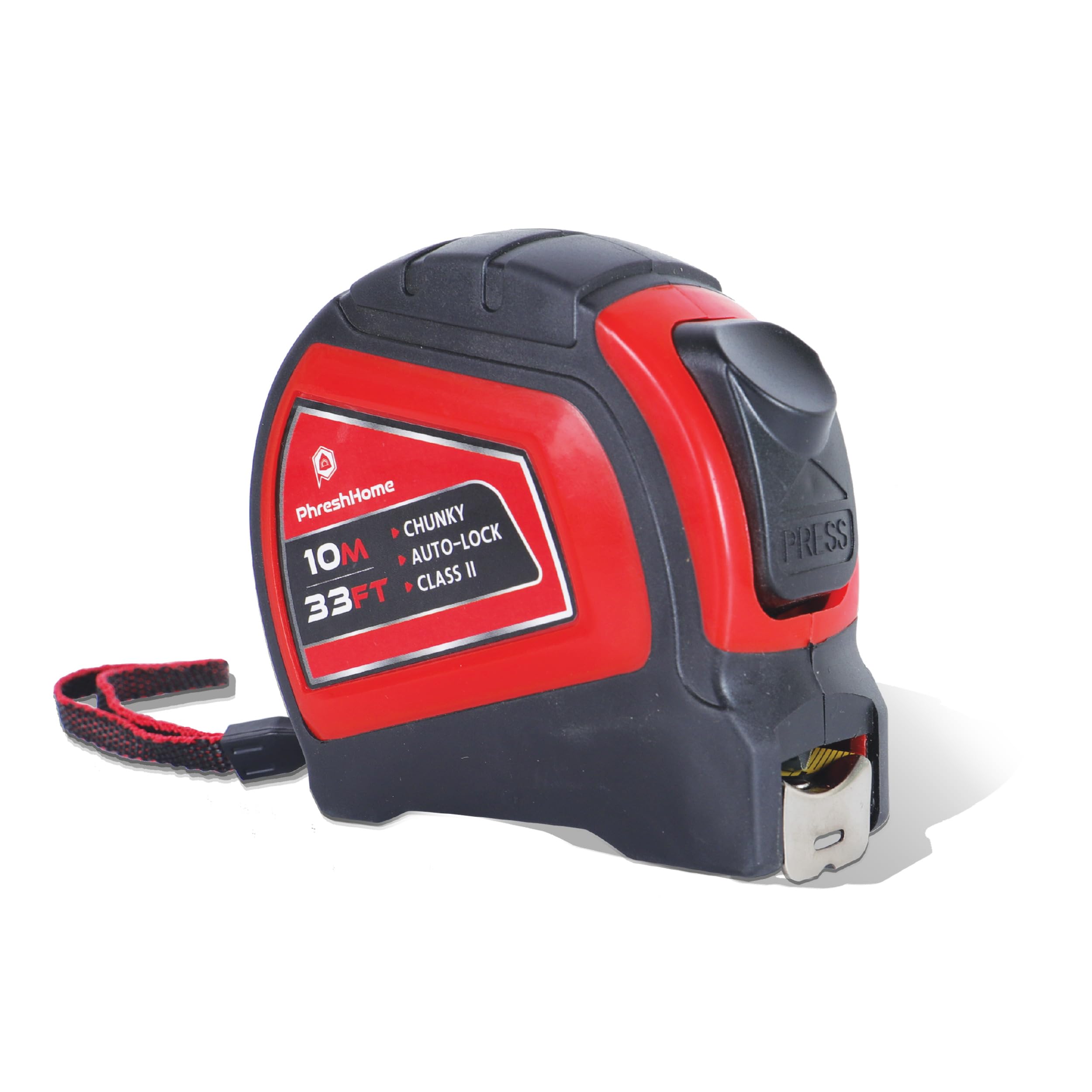 PhreshHome 10 Metre Tape Measure – Retractable Measuring Tape – 10m/33ft Imperial & Metric Measurements with 25mm Blade – Impact Resistant with Rubber Outer Cover – Suitable for Professional Use