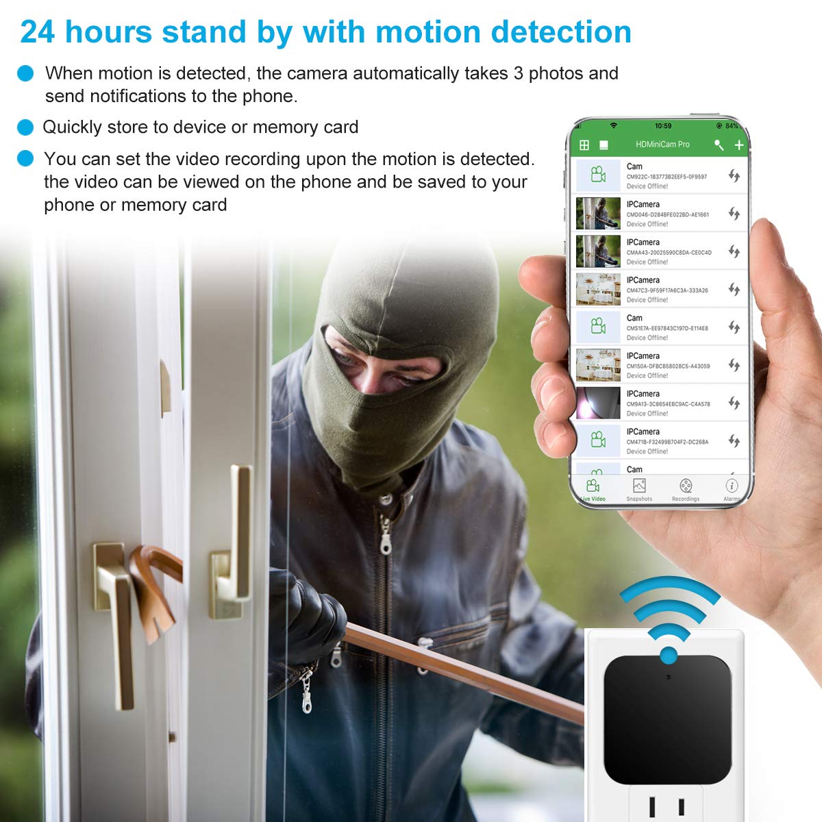 KMBCAM Spy Hidden Camera Wireless Home Charger Cam with App 1080P Nanny Cam No Audio Night Vision Motion Activated for Pet Security Cam Support 129G SD