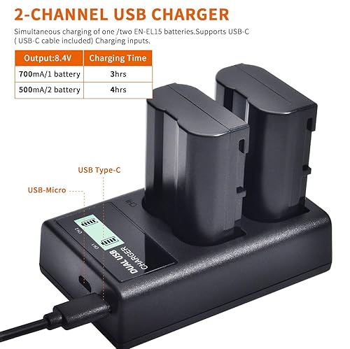 Dual Battery Charger For Nikon EN-EL15 Series - LCD Display Charger For Z6/Z7 & D-SLR Cameras