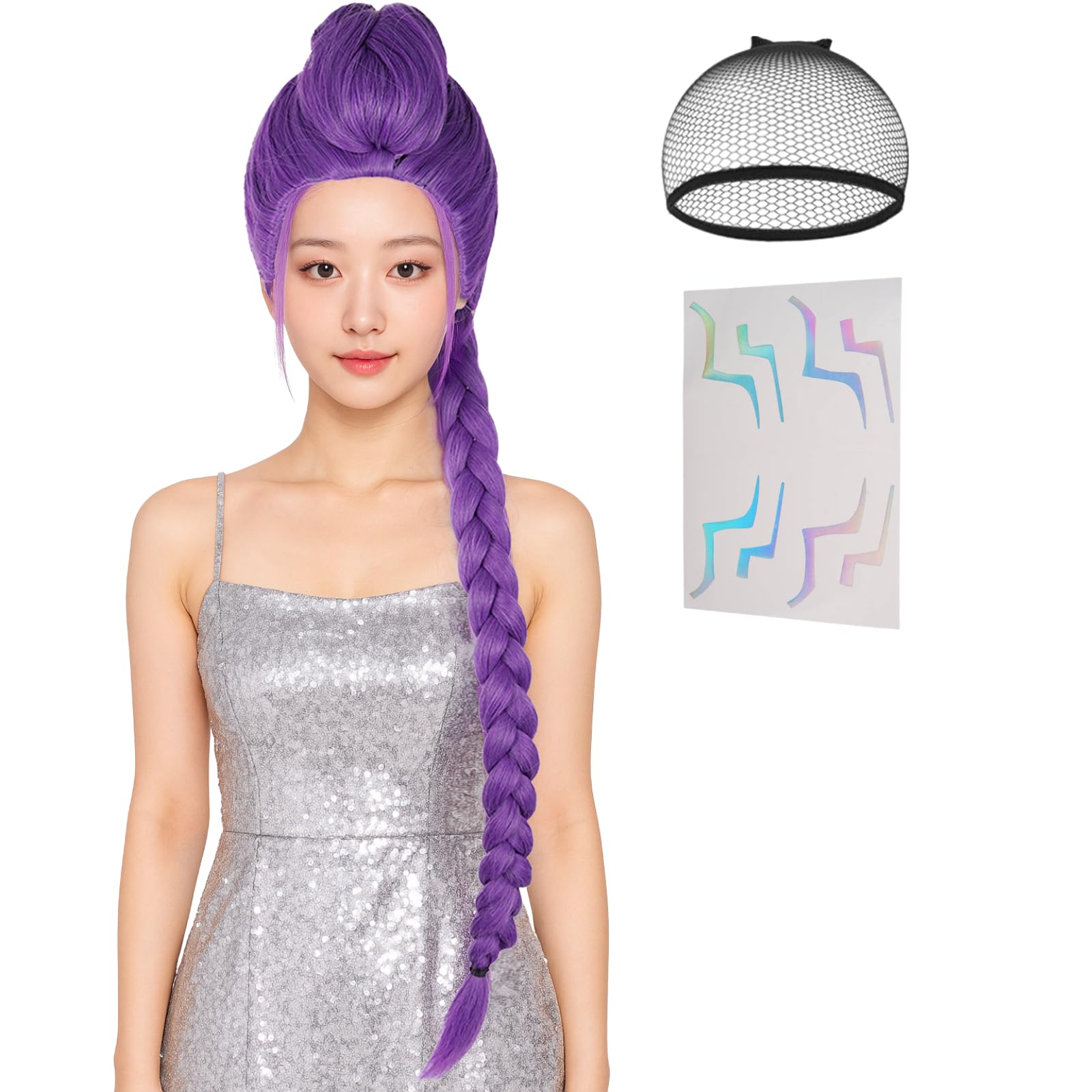 Photo 1 of Long Purple Braided Wig + Tattoos Stickers Prop for Women Purple Base Wig with Braids Ponytail Pigtail Clip + Cap for Stage Party Halloween Costume Cosplay
