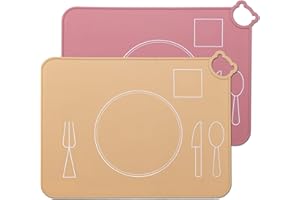 IYYI Silicone Baby Placemat, Kids Placemats for Dining Table, Montessori Place Mat, Waterproof Table Mat for Toddler, Set of 2 (Beige+Powder)