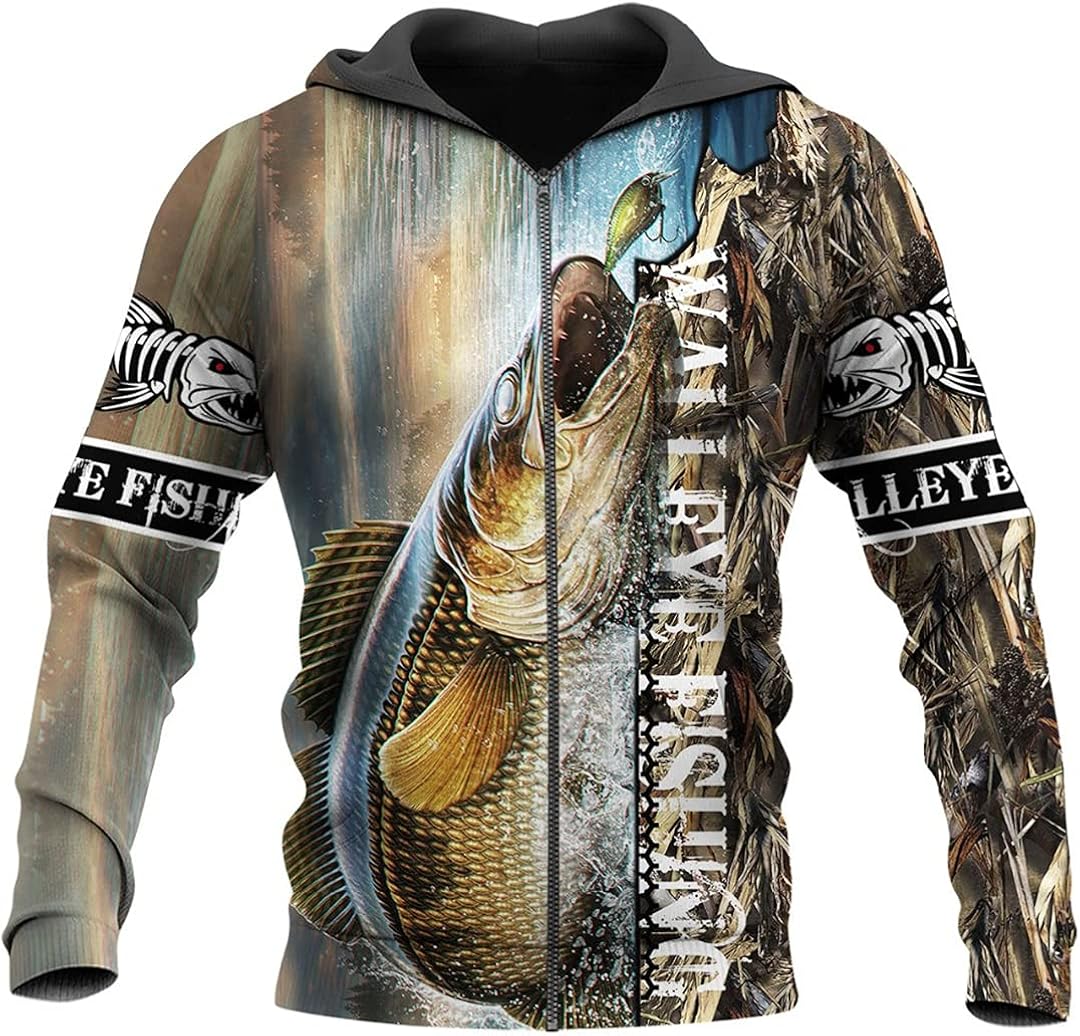 MYHHensoot Walleye Fishing 3D All Over Printed Mens Zipper Hoodie Autumn Harajuku Sweatshirt