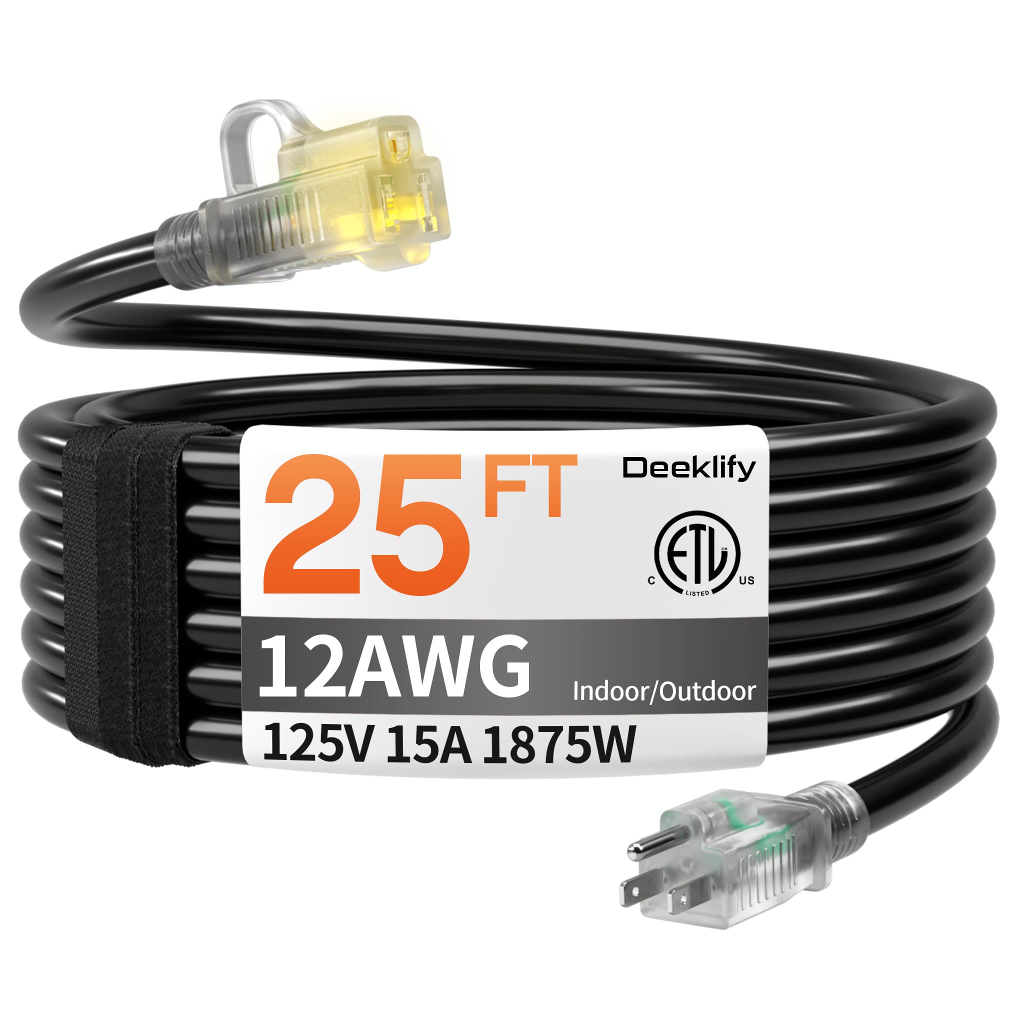 Photo 1 of 12/3 25 FT Heavy Duty Outdoor Extension Cord Waterproof with Lighted End,Black 12 Gauge Extension Cord Flexible and Cold Resistant 3 Prong Grounded Plug,15Amp 1875W SJTW ETL Listed
