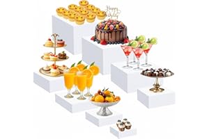 Geelin 8 Pack Acrylic Buffet Risers - 3 to 10 Inch Decorative Cube Boxes, Display Stands with Hollow Bottoms for Food Jewelry Table Display Supplies(White,Flat)