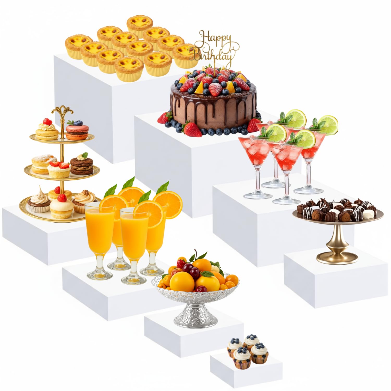 Photo 1 of Geelin 8 Pack Acrylic Cube Risers Acrylic Boxes for Food Display Decorative Stands with Hollow Bottoms for Jewelry Food Buffet Risers Display Candy Table Decor, 8 Sizes(White,Flat)