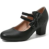 Enelauge Women's Mary Jane Heels with Bow Retro Closed Round Toe Pumps Sweet Ankle Strap Low Block Heels Chic Bowtie Vintage Dress Wedding Party Office Daily Shoes