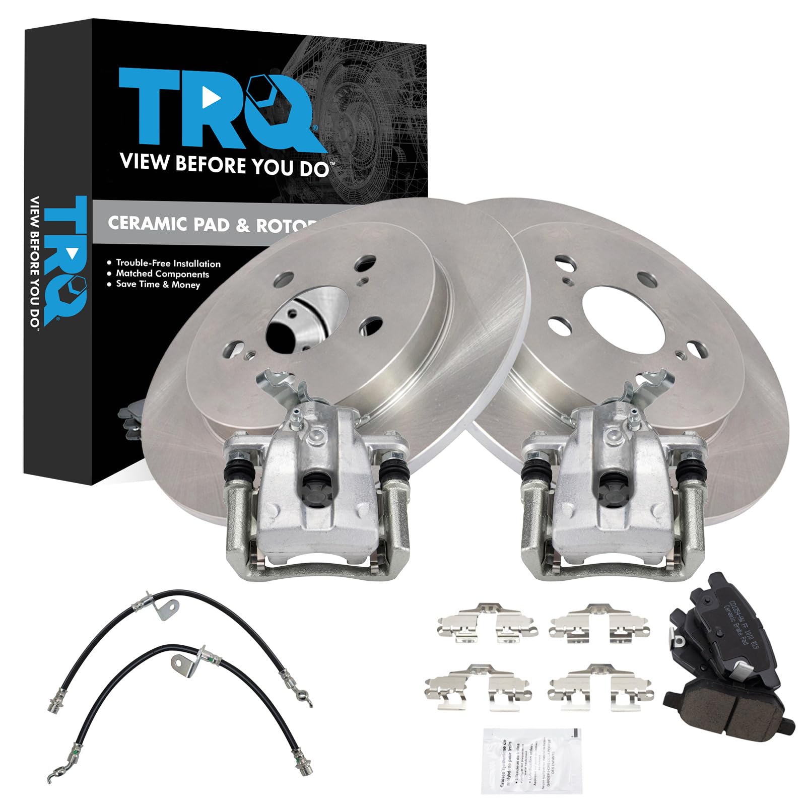 TRQ Rear Brake Pad and Rotor Set Ceramic Calipers Compatible with 2009-2010 Pontiac Vibe 2009-2019 Toyota Corolla 2009-2011 Matrix