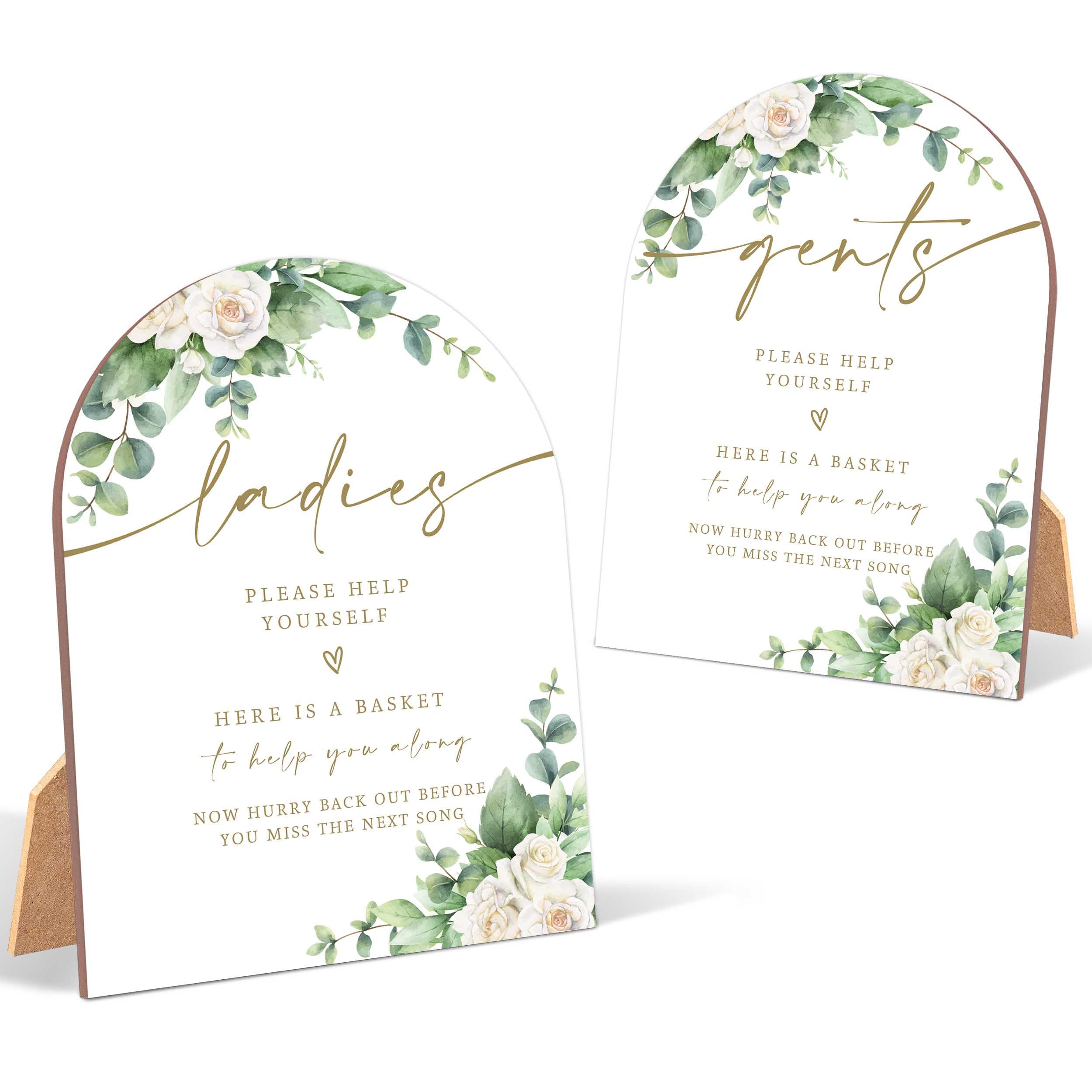 Photo 1 of 1 Pack White Rose Bathroom Basket Gents Signs For Wedding, Wedding Ceremony, 6 x 8 Inch Arch Wooden Tabletop Sign with Stand, Reception Decoration, Party Supplies (BJ12)