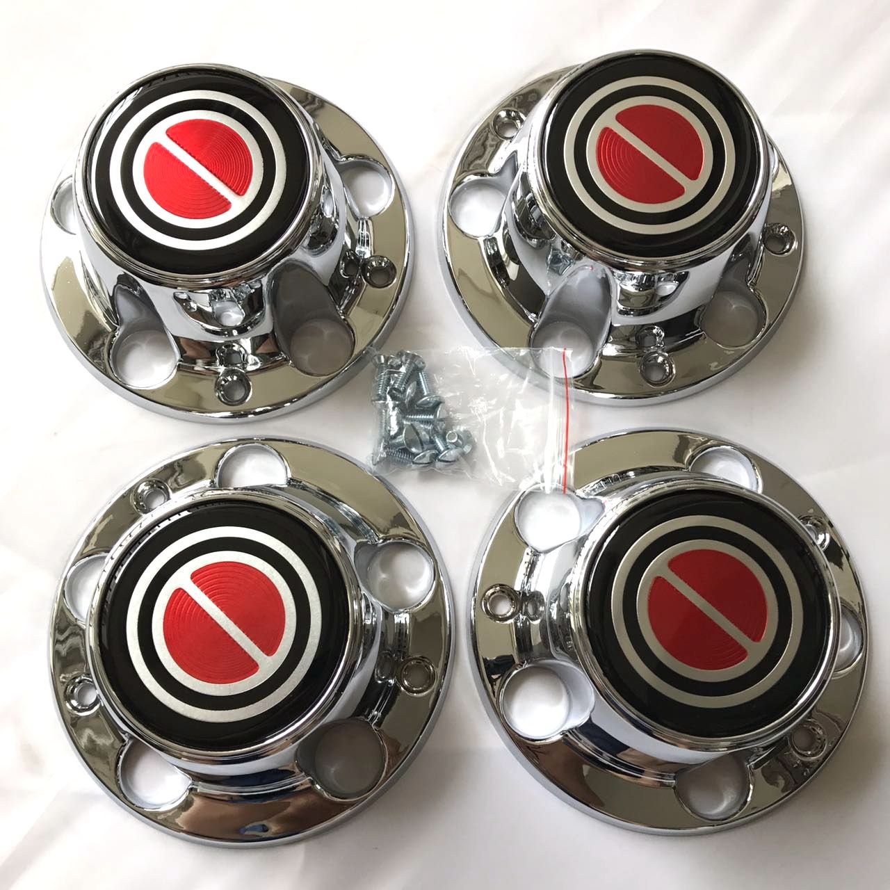 Photo 1 of 1980-1996 F150 Bronco Van Chrome Wheel Hub Center Caps RED Center 4 PCS