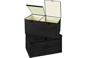 Valease 2 Pack Large Linen Fabric Collapsible Storage Bins with Lid and Handles, Washable Storage Box Baskets Cube with Removable Divider for Bedroom,Closet,Office,Living Room,Nursery (Black, Large)