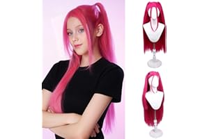 WAVELNM Hot Pink Wigs for Kids Girls Magenta Wig with 2 pigtails Long Straight Pink Wig for Child Halloween Party Anime Cosplay Wigs