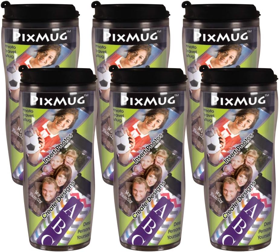 PixMug – 14 oz Photo Travel Mug with Flip Top - The Mug That's a Picture Frame - DIY - Insert Your Own Photos or Create and Print Inserts Online – 6 Pack