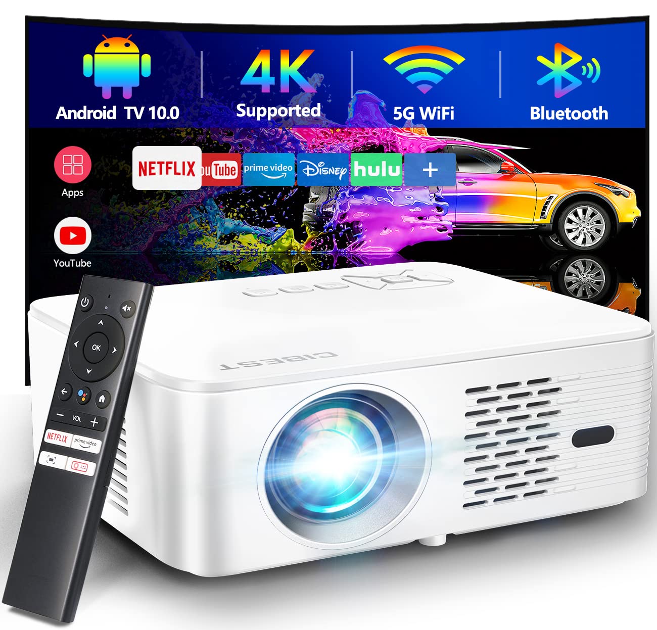 Photo 1 of 4K Support Android TV 10.0 Projector 5G WiFi Bluetooth Native 1080P, CIBEST Full-Sealed Optical Engine Home Movie FHD Projector with Netflix/Prime Video Built-in, 8000+ Apps, Autofocus, Stereo Sound