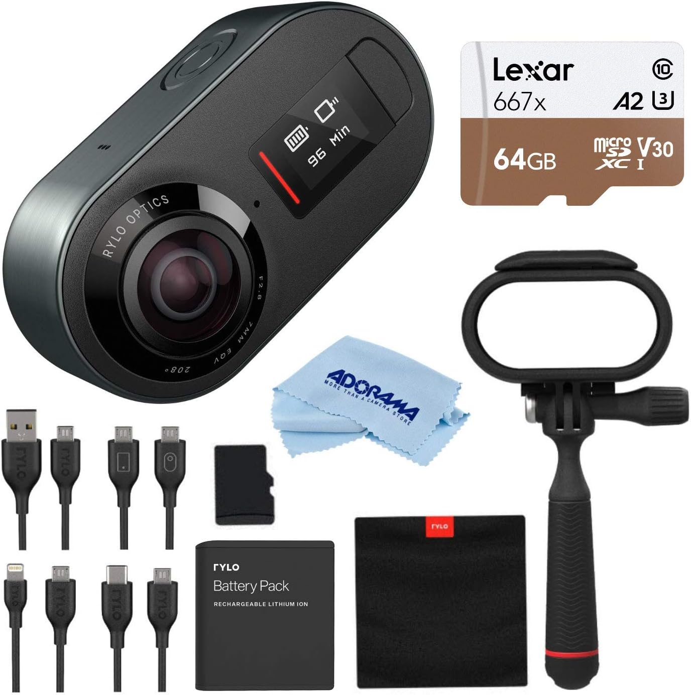 Rylo 5.8K 360 Degree Sports Action Video Camera Black, (iPhone + Android) Bundle Kit, 16GB SD Card, Everyday Case, Lexar 64GB Class 10 UHS-I U3 microSD Card, Cleaning Cloth
