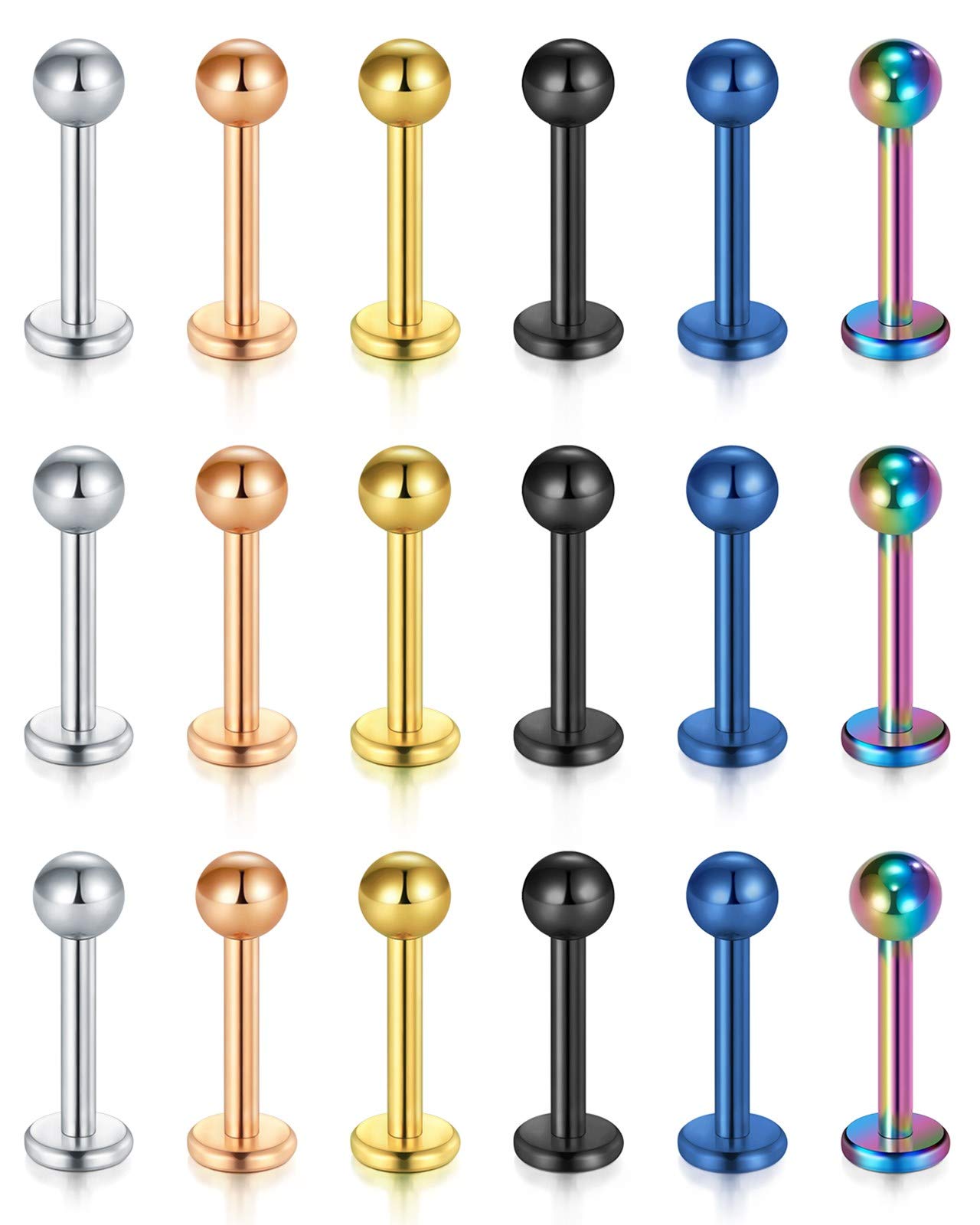 AceFun 18PCS Lip Piercing 16G Stainless Steel Labret Bars Monroe Lip Ring Tragus Helix Cartilage Earring Stud Barbell Body Piercing Jewelry Bar Length 8mm — image 1