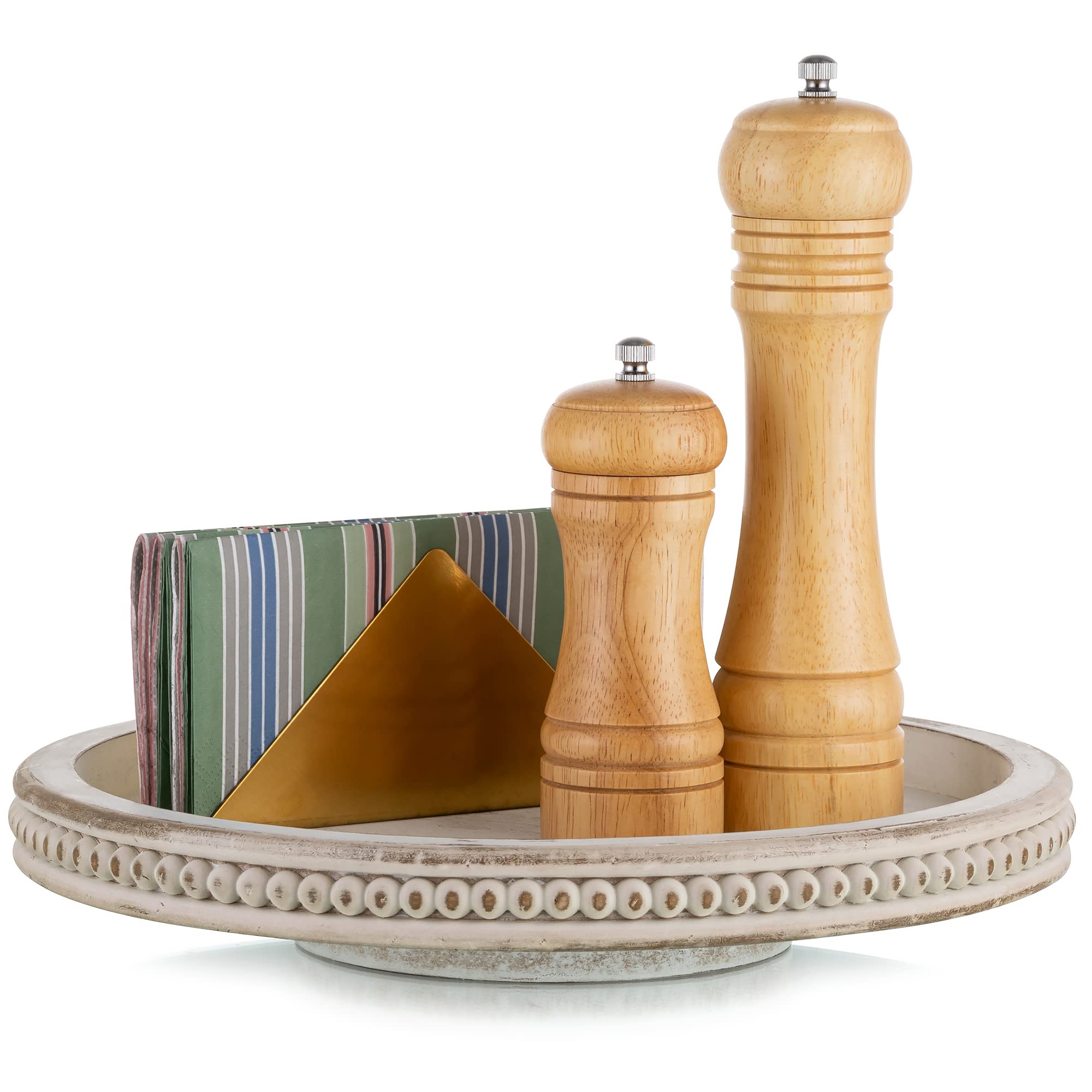 Hanobe Lazy Susan Organizer Wooden Turntable White Round Wood Trays for Decorative Kitchen Counter Coffee Table Home Decor with Beaded Spice Spinner