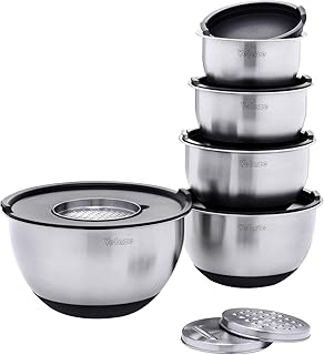 Velaze, Edelstahl Rührschüssel 5-teilig Set, Salatschüssel Set, Servierschüssel mit Deckel und 3 Reibeneinsatz