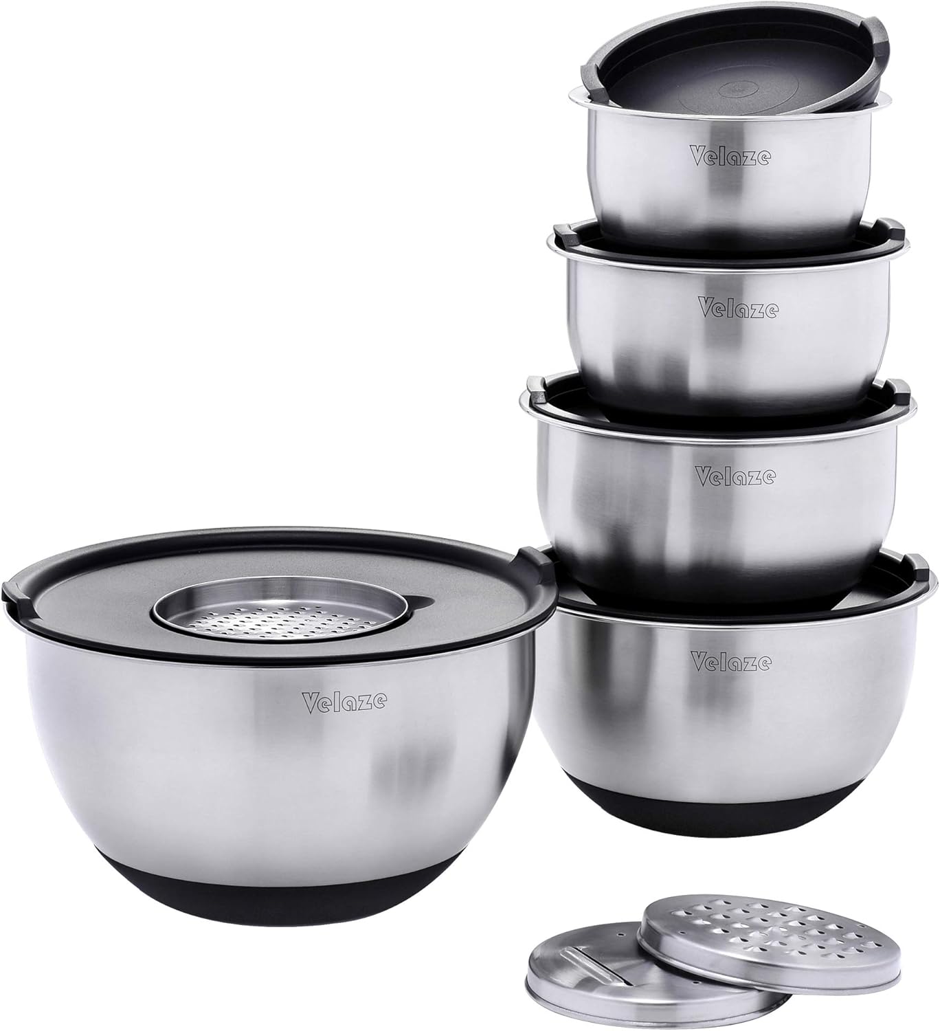 Velaze, Edelstahl Rührschüssel 5-teilig Set, Salatschüssel Set, Servierschüssel mit Deckel und 3 Reibeneinsatz