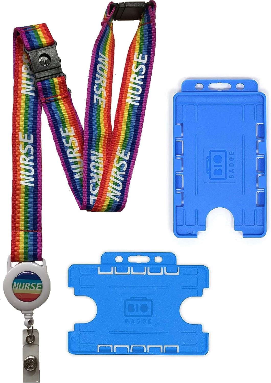 20mm Nurse Rainbow Lanyard with Integrated Badge Reel & 3 Point Safety Breakaway & Double Blue ID Card Holder (Vertical Card Holder)