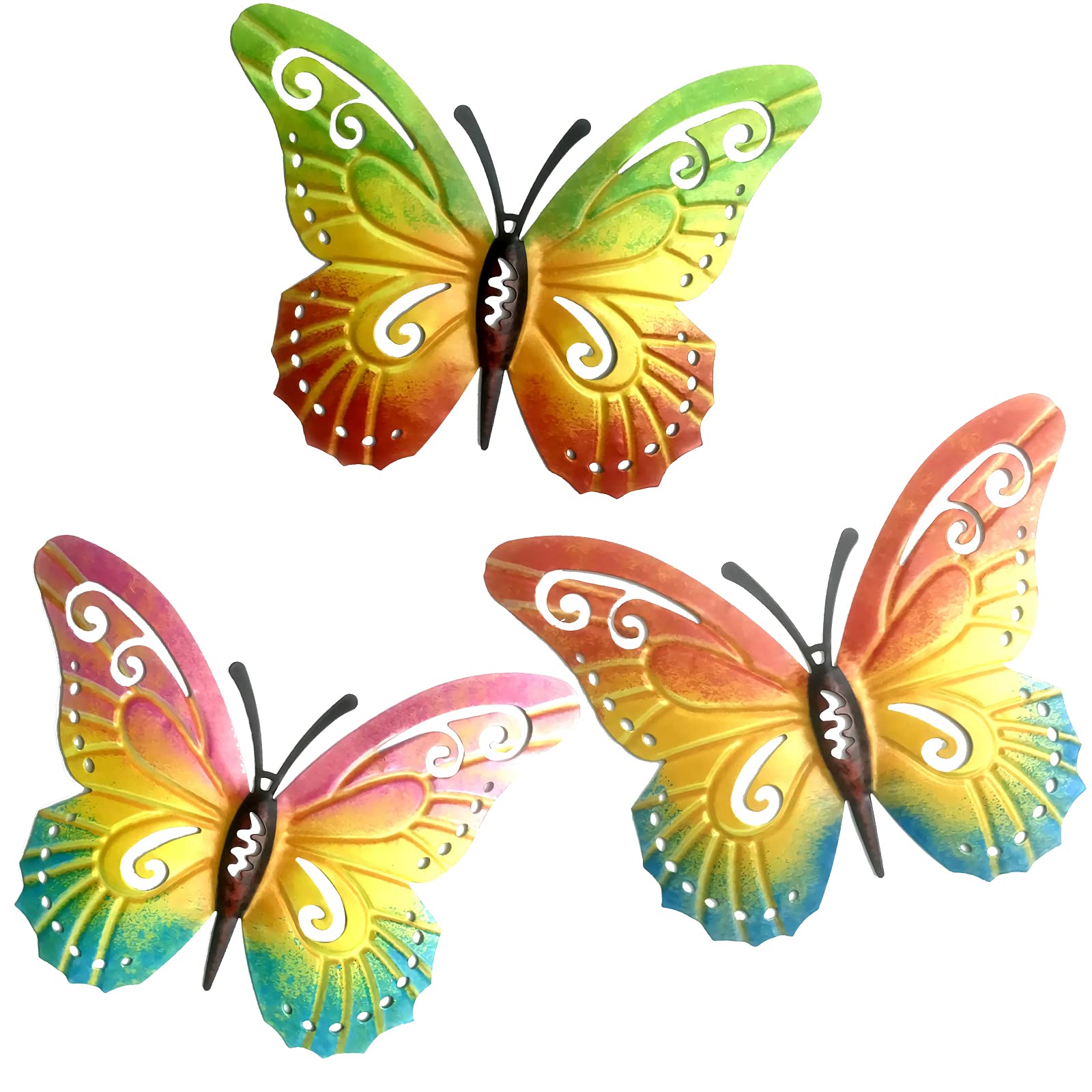 SUNNEKO Large Metal Butterfly Garden Ornaments Outdoor, Metal Wall Art Big Butterfly Decorations for Outside Garden Shed Fences Yard Decorations Wall Hanging (3 PCS)