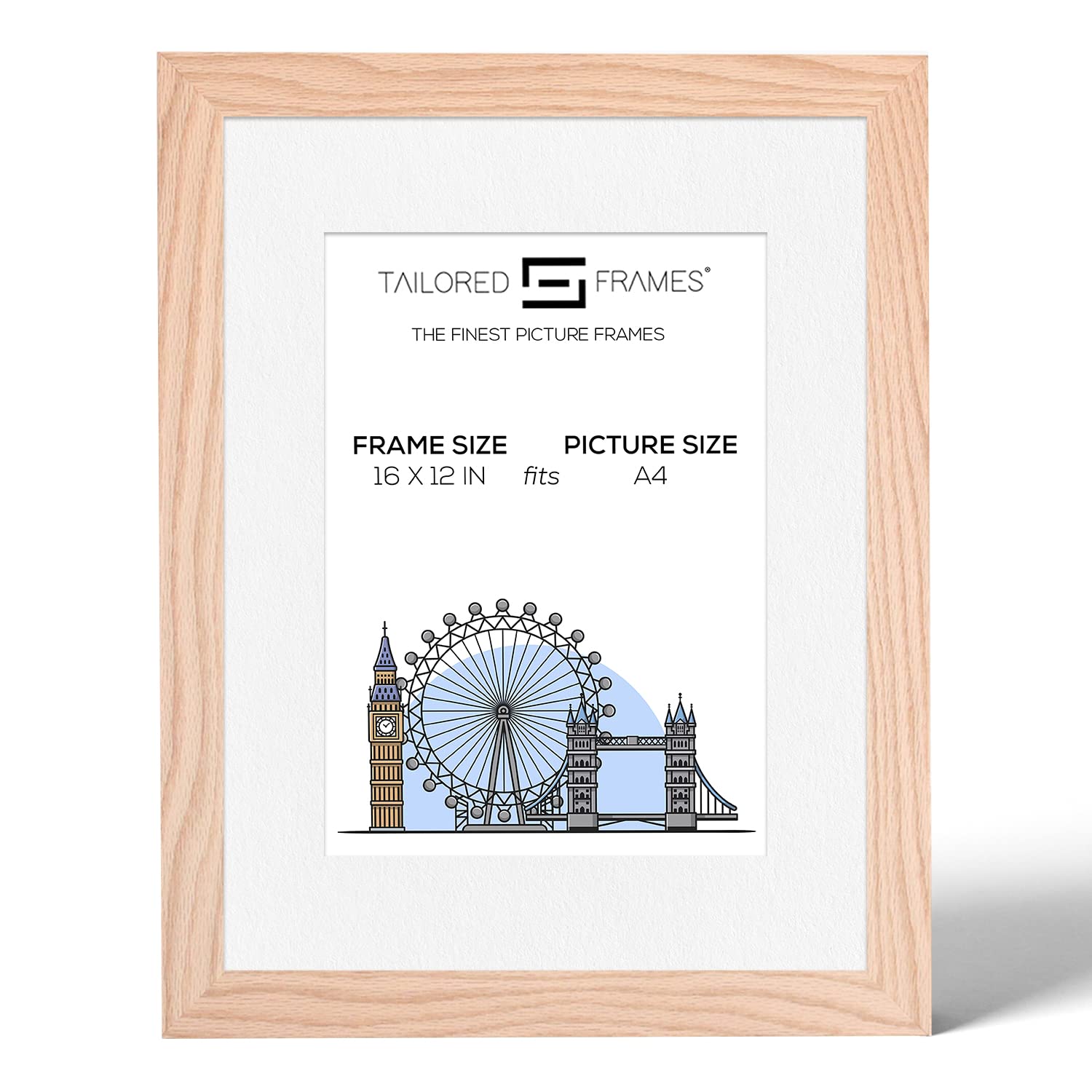 Tailored Frames 99 Solid Natural Oak 16" x 12" Frame for A4 Picture | Single Picture Frames | Wall Hanging Type | Photo Frame with White Mount