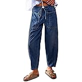 yoeasy Womens Barrel Jeans Elastic Drawstring Loose Wide Leg Cropped Denim Pants Y2k Baggy Boyfriend Jeans