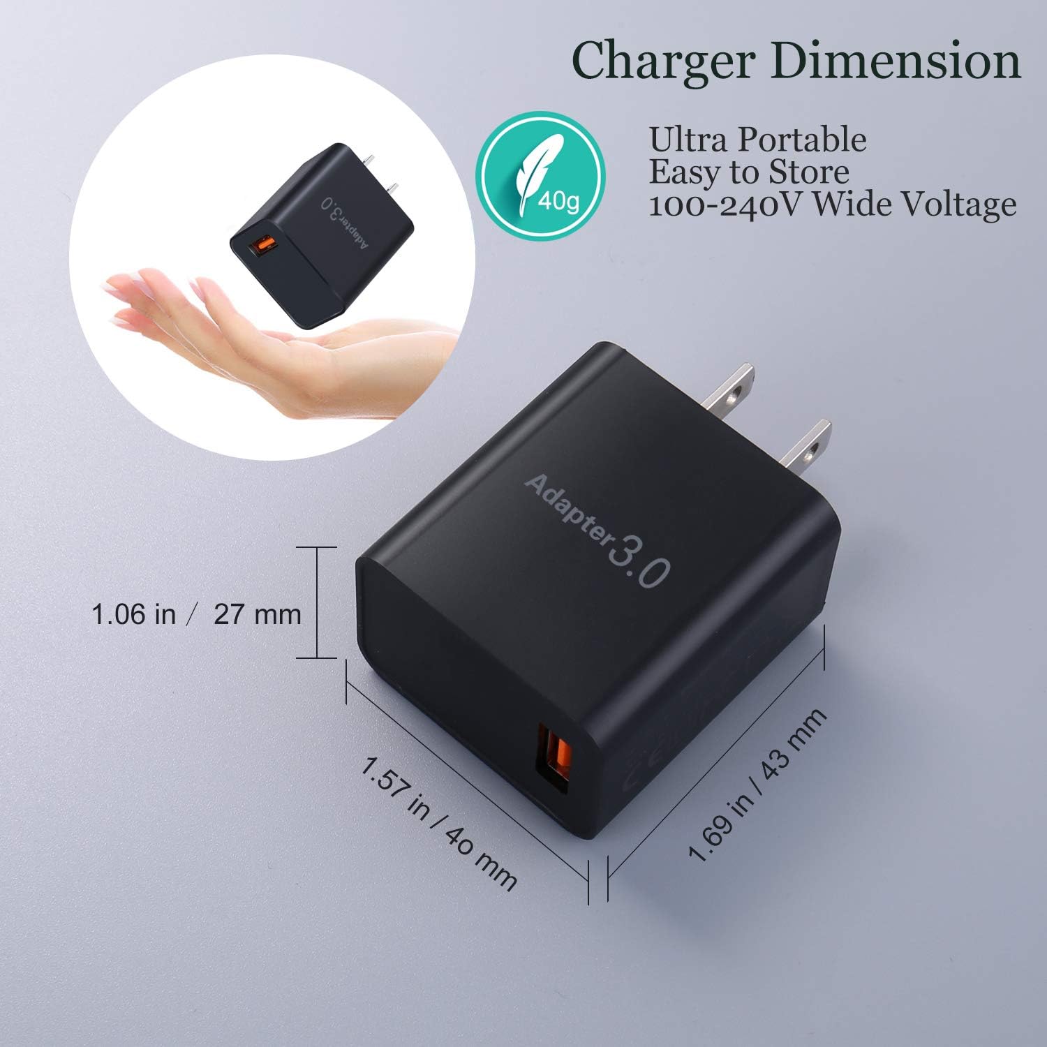 QC 3.0 Wall Charger, OKRAY 2 Pack 18W Fast Charging USB Wall Charger Power Adapter USB Plug Compatible 10W Wireless Charger, iPad Pro, Tablets, iPhone, Samsung Galaxy S10/S9/S8, LG, HTC (Black Black)