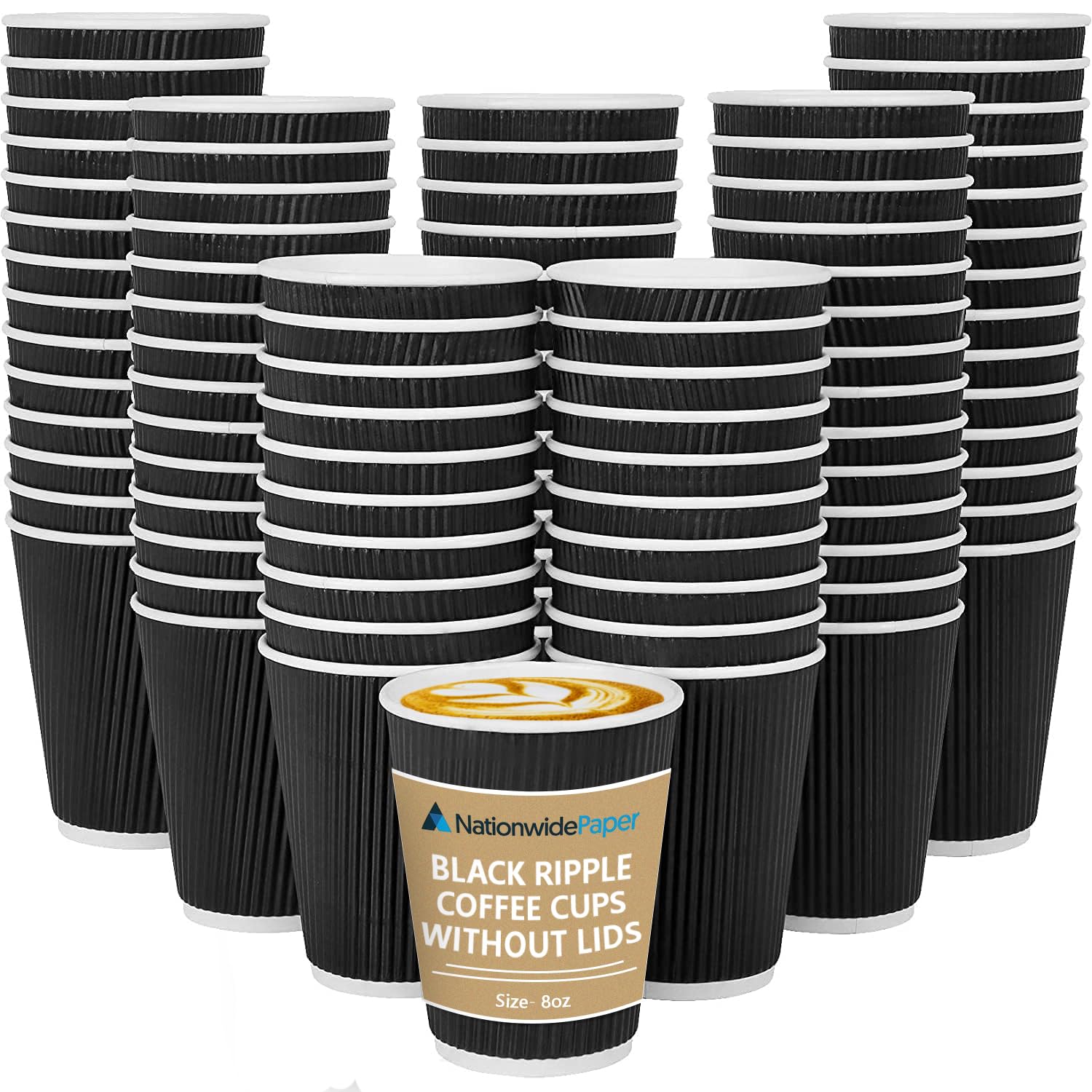 Nationwide Paper Coffee Cups Without Lids, Insulated Ripple Hot Paper Cups, Disposable Cups for Hot Drinks, (8oz-50 Pcs, Black)