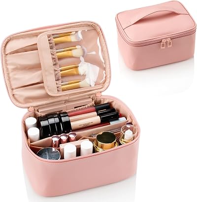 Ethereal Travel Makeup Bag Large Capacity Pink Cosmetic Organizer with Brushes