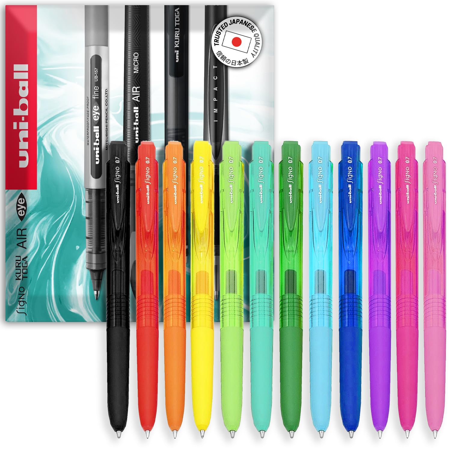 uni-ball Signo UMN-155-07 Gel Ink Retractable Rollerball Pen - 0.7mm Fine - 1 of Each Colour - Pack of 12 - In Envelope Gift Packaging