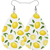 Vosach Yellow Lemon Woman Earrings, Tropical Fruit Lemon Slices Green Leaves Lightweight Leather Dangle Teardrop Earrings Jewelry For Ladies Friends