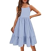 Arshiner Girl's Summer Sundress Spaghetti Strap Solid Linen Midi Dress Casual Cami Dresses