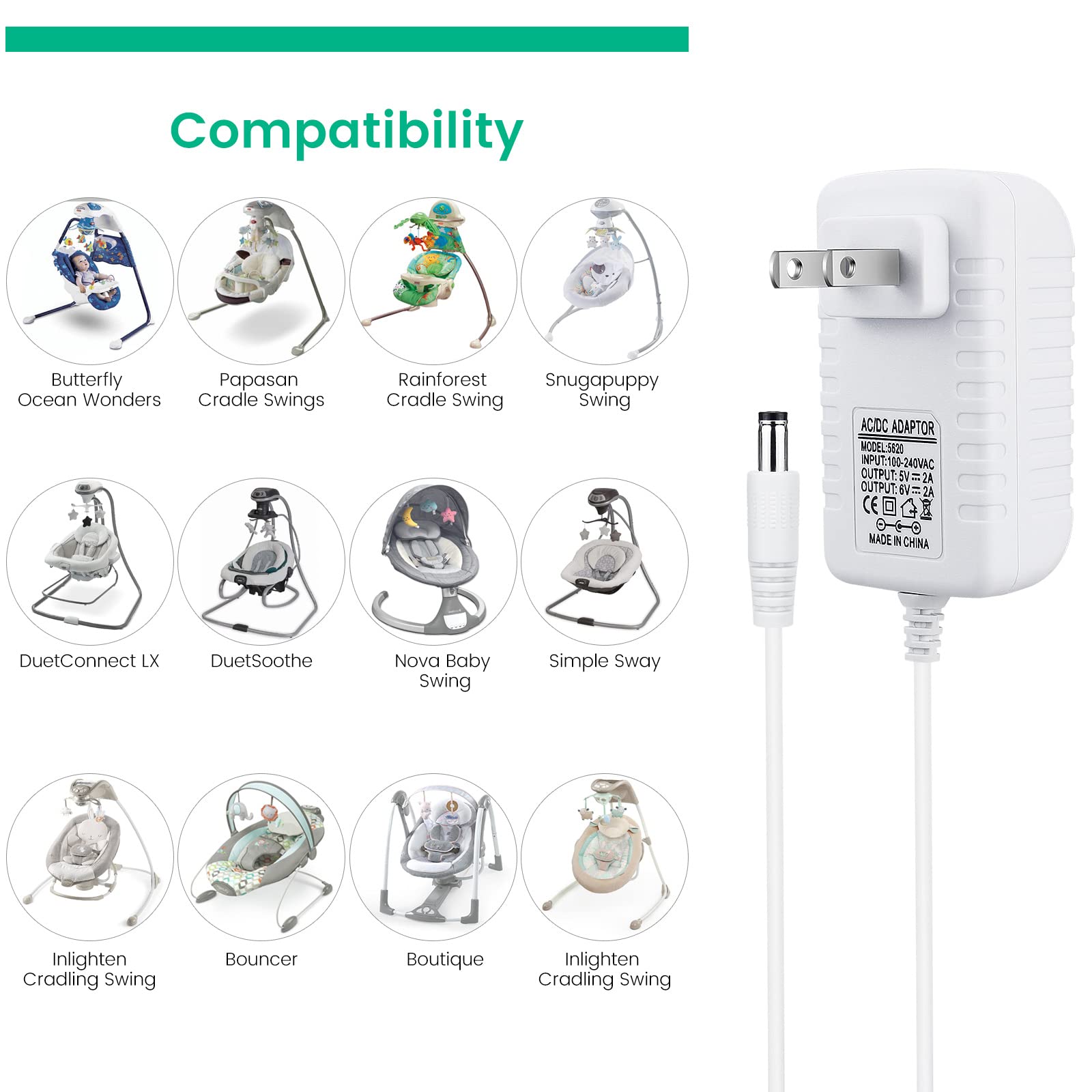 5V DuetSoothe Power Cord for Graco Simple Sway - 6V Snugapuppy Charger Replacement for Fisher Price, Ingenuity Swing, 10 ft, White