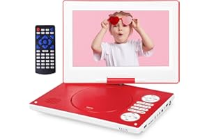 HOTHAT 12.5'' Portable DVD Player with 10.1" HD Swivel Screen, 6 Hours Rechargeable Battery DVD Player Portable for Kids and Car, Support CD/DVD/SD Card/USB with Car Charge,Red