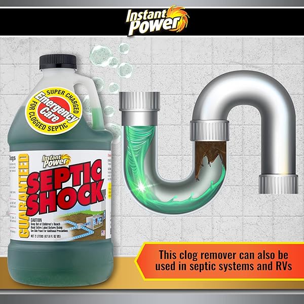 INSTANT POWER SEPTIC SHOCK – SEPTIC TANK TREATMENT, DRAIN CLEANER LIQUID CLOG REMOVER FOR SEPTIC SYSTEM, DRAIN DEFENSE FOR RVS – 67.6 FL OZ 6 PACK