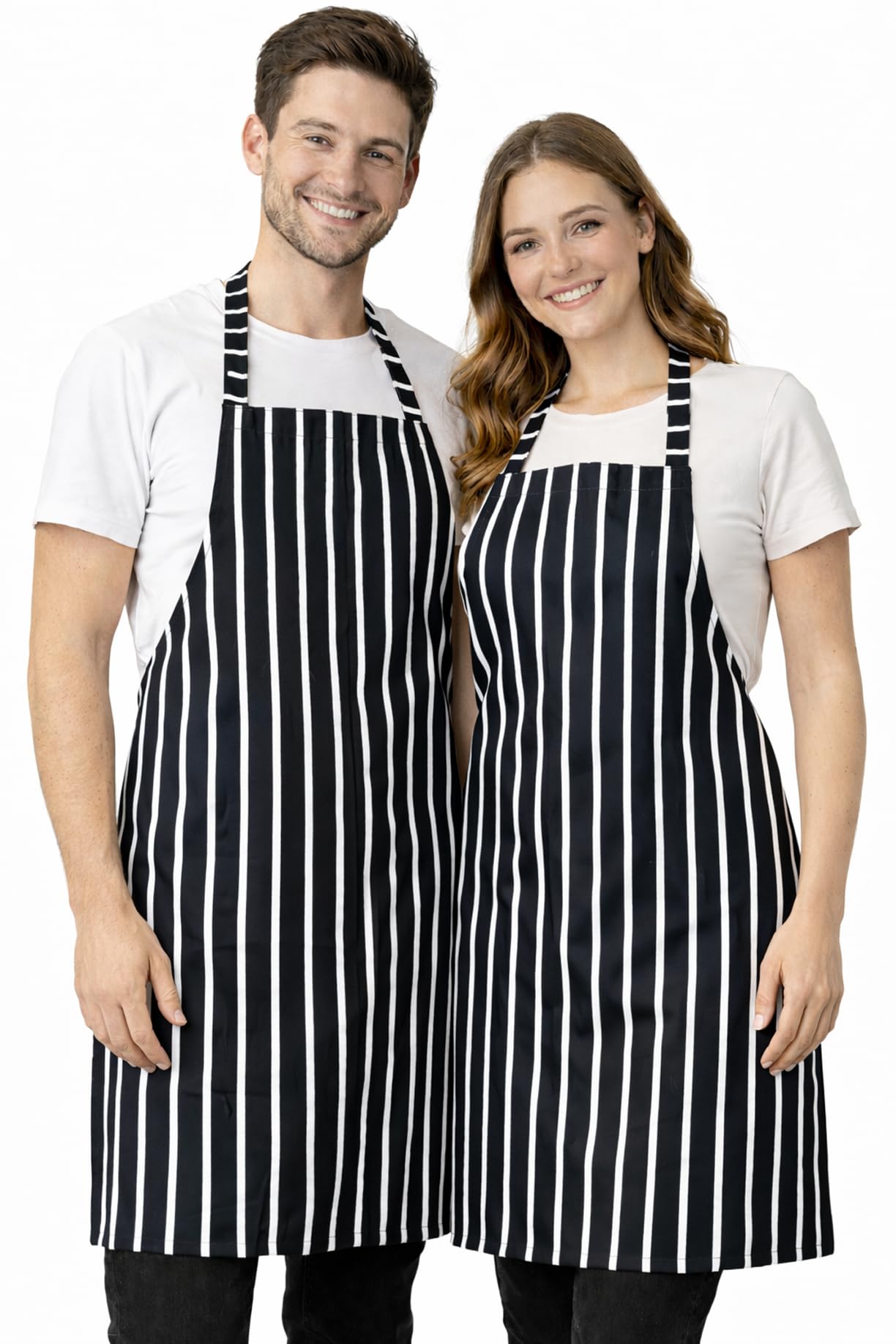 IBEX Polycotton Stripe Butcher Bib Apron - No Pocket, Professional Home Kitchen Apron for Restaurants, Bar Staff, Chefs, Waiters, Caterers, Baking, Black/White — image 1