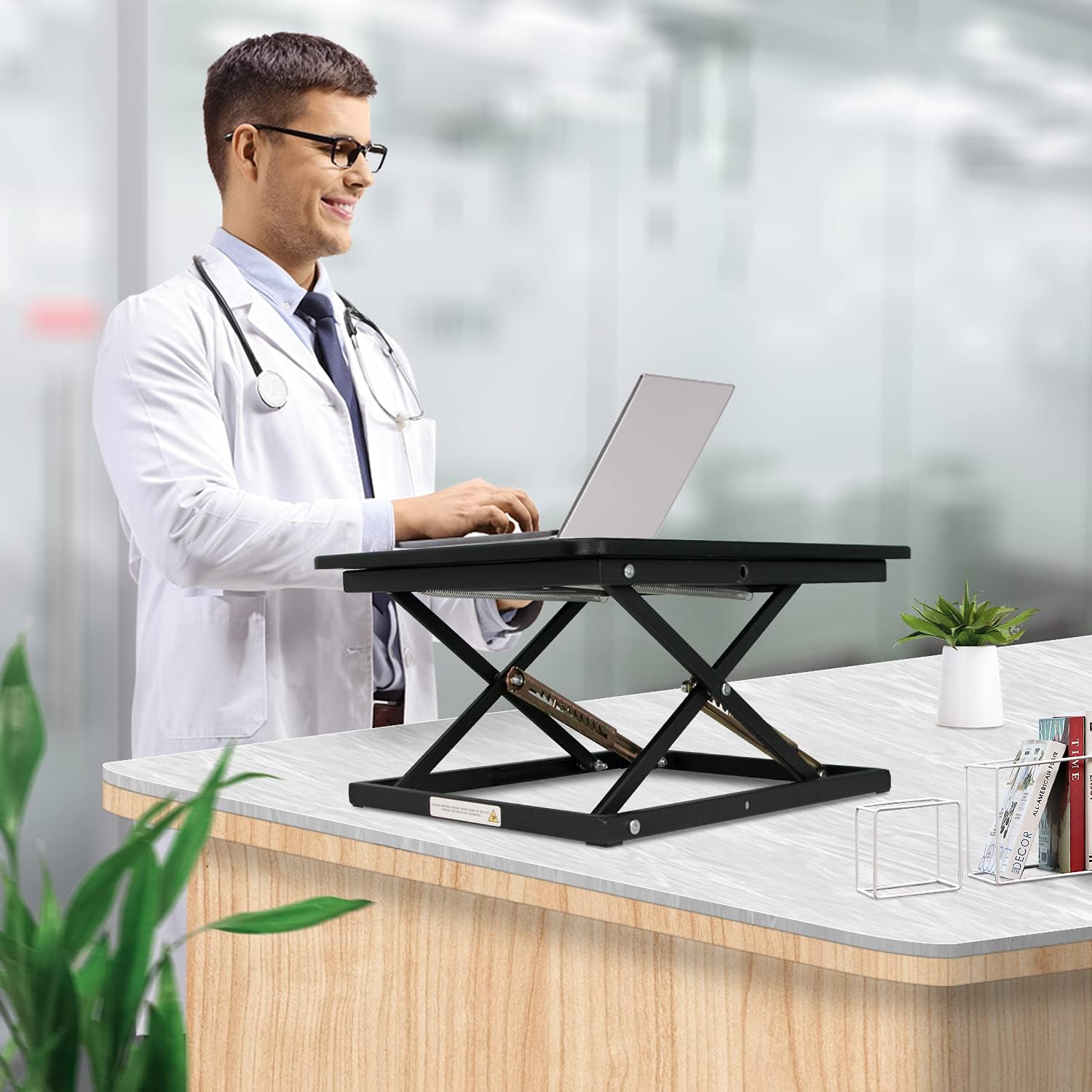 STANDNEE Standing Desk Converter, Height Adjustable Stand up Desk Riser, Fully Assembled Monitor Laptop Riser Workstation, Sit to Stand Desk for Home Office, Black.: Kitchen & Dining