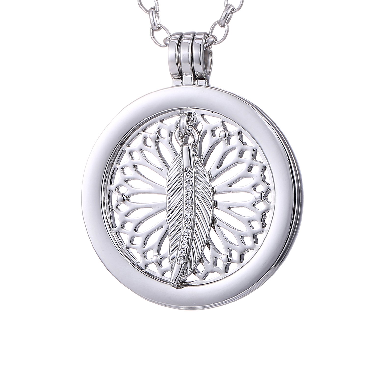 Morella Women Necklace 70 cm 27.5" Stainless Steel with Dreamcatcher Coin 33 mm 1,3" Silver in a Velvet Jewelry Bag