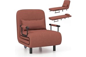 KOMFOTT Convertible Chair, Sleeper Chair with 5-Position Adjustable Backrest & Lumbar Pillow, 2 Hidden Metal Legs & 2 Lockable Casters, Comfy Chaise Lounge for Living Room & Home Office