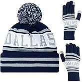 Classic Skull Cap Beanie Hat with Faux Fur Pom Cuffed Winter Hat Knit Comes with Warm Touch Screen Gloves