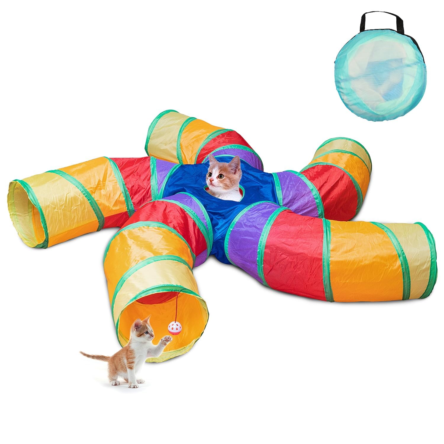 Depets Cat Tunnel for Indoor Cats, 5 Way Large Play Tunnel and Tube with Play Ball, Foldable S-Shaped Tube with Interactive Peephole, Ideal for Indoor Exercise for Kittens,