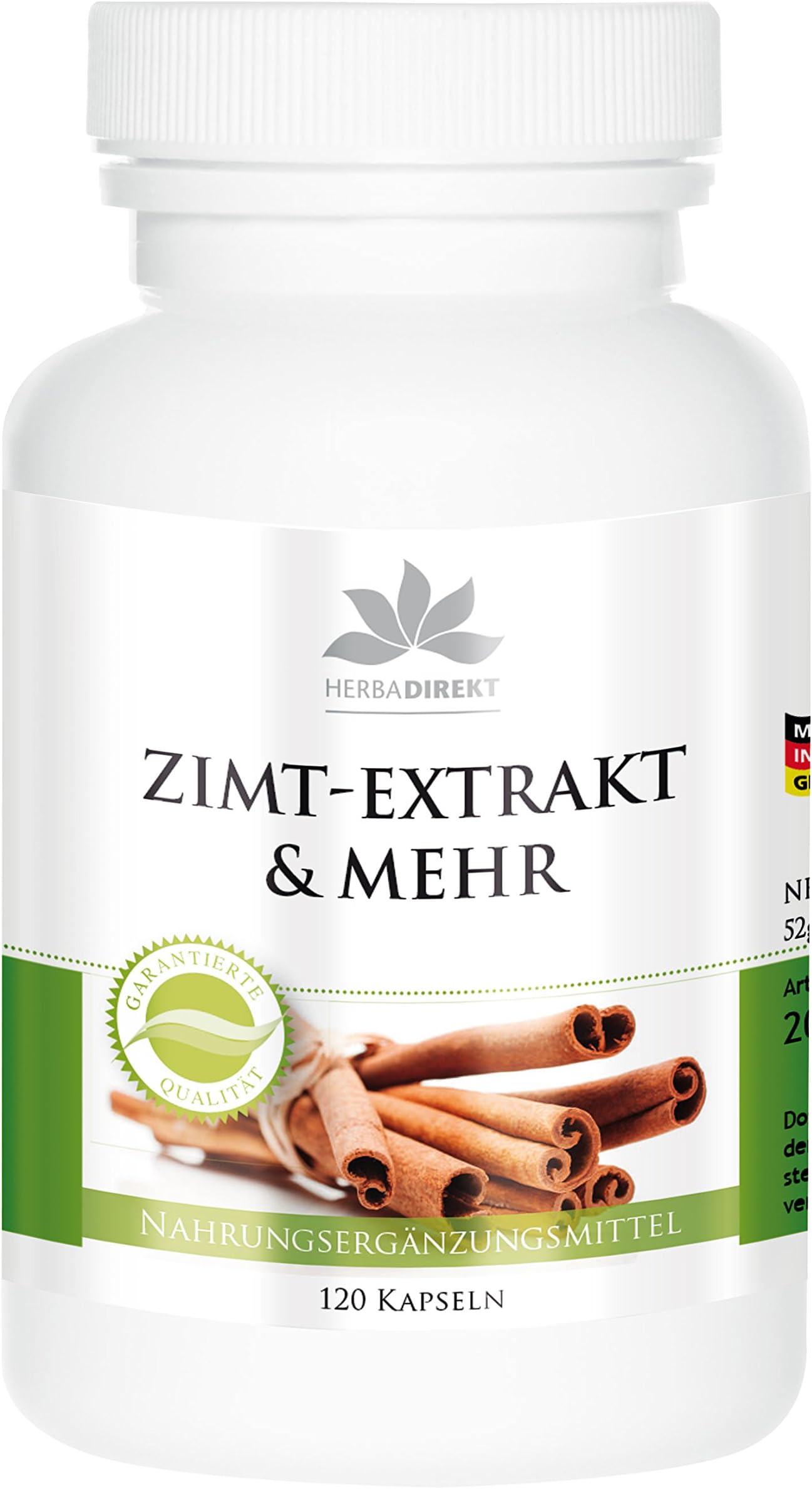 herba direkt Cinnamon Extract 10-fold Concentrated with Chromium and zinc, Vegan, 120 Capsules