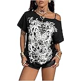 SOLY HUX Women's Off The Shoulder Tops Y2K Graphic Tees Short Sleeve Oversized Going Out T-Shirts Streetwear