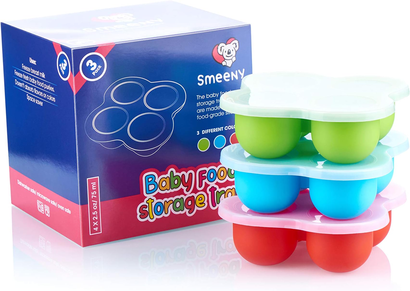 Smeeny Silicone Baby Food Freezer Trays Pack of 3, Homemade Food and Ice Cube Storage Containers for Vegetable and Fruit Purees, Stackable, Microwave and Dishwasher Safe