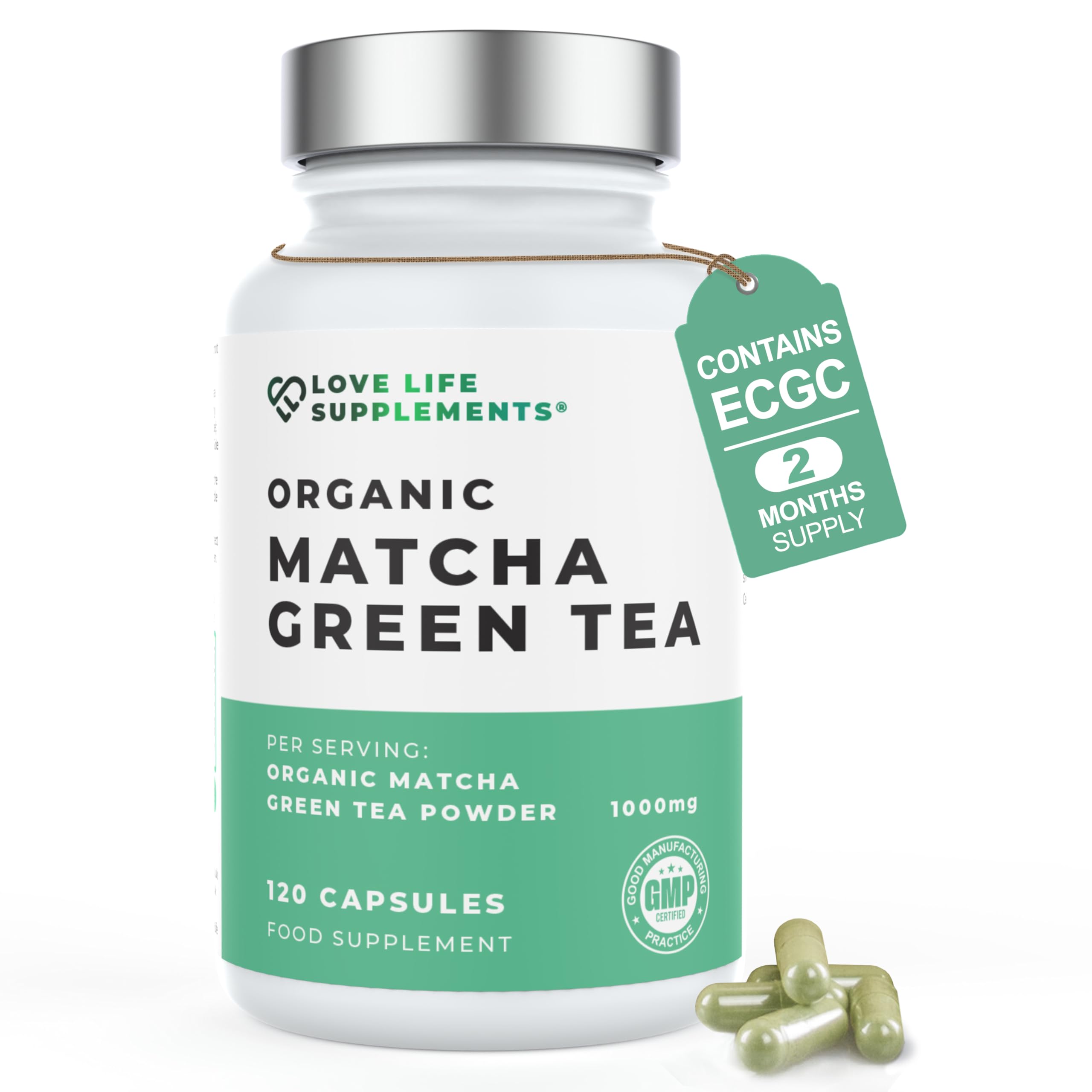 Organic Matcha Green Tea Capsules, 2 Month Supply - 120 Capsules, 1000mg with 50mg ECGC per Serving (Lab Tested), Powerful Anti-Oxidant, No Fillers, Pure Matcha Powder - Love Life Supplements