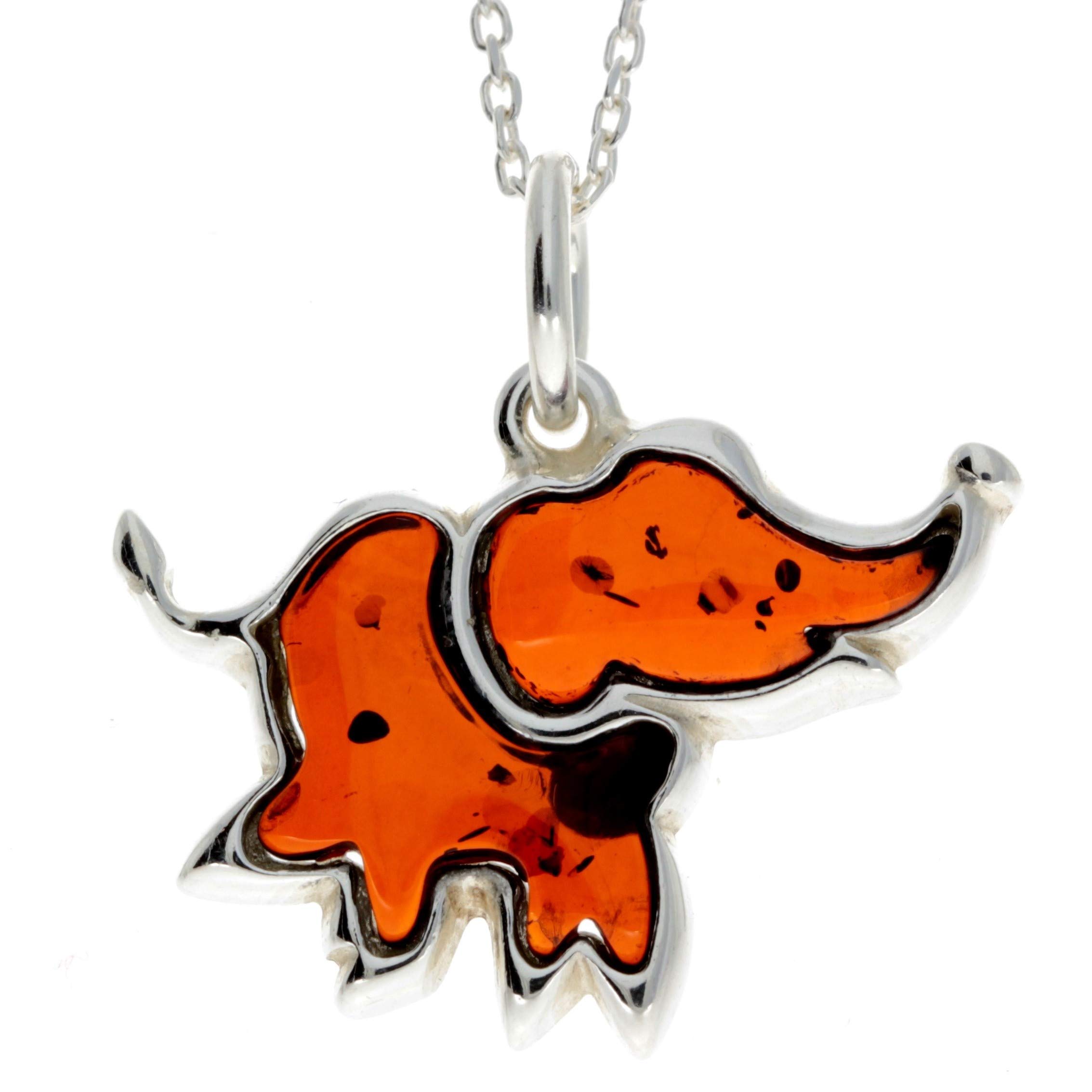 Genuine Cognac Baltic Amber & Sterling Silver Lucky Elephant Pendant without Chain - AD214C