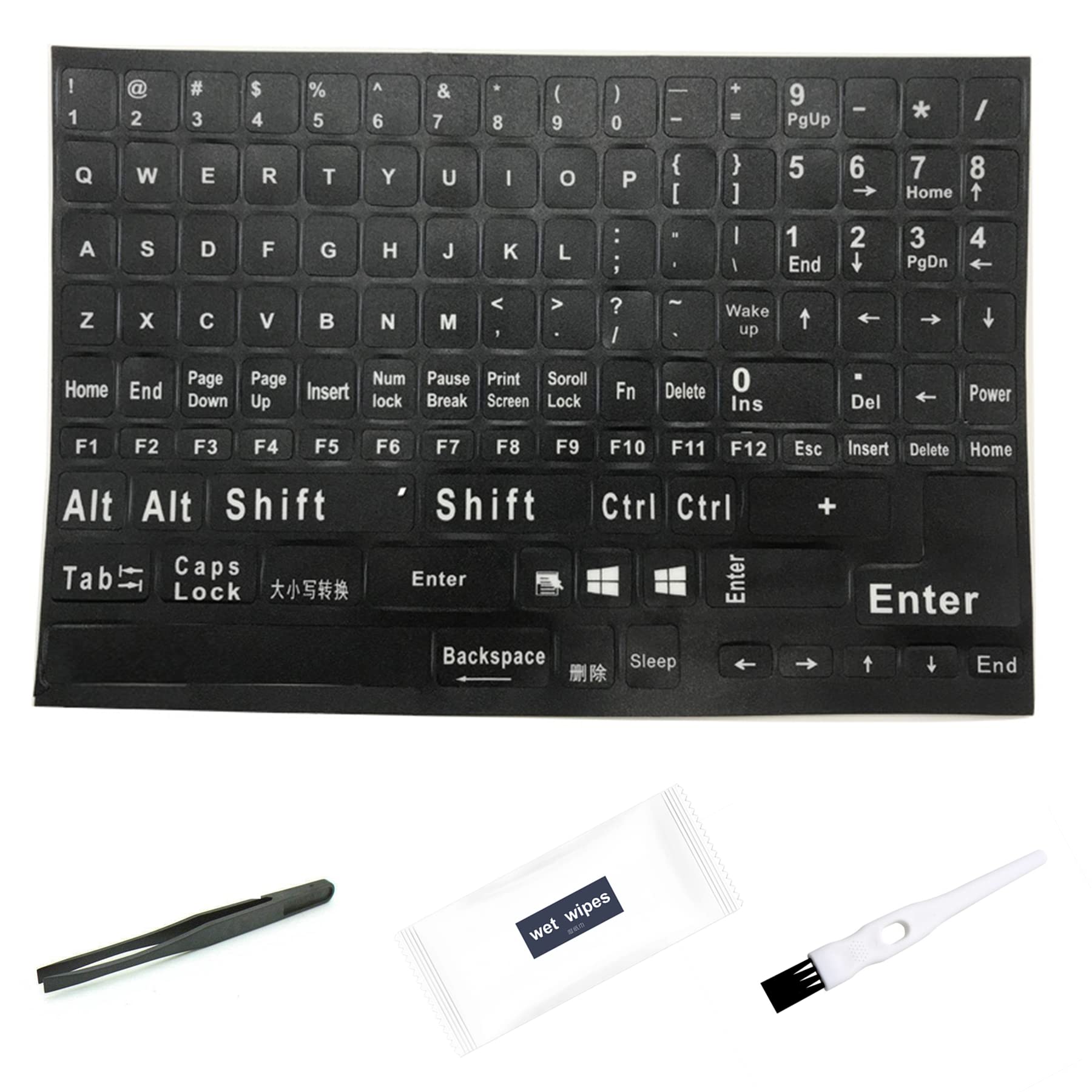 Se7enline English Keyboard Stickers,Full Size Replacement Matte English Keyboard Sticker with White Font on Black Background Universal for Laptop Desktop Computer with Tweezer,Brush,Wet Wipe — image 1