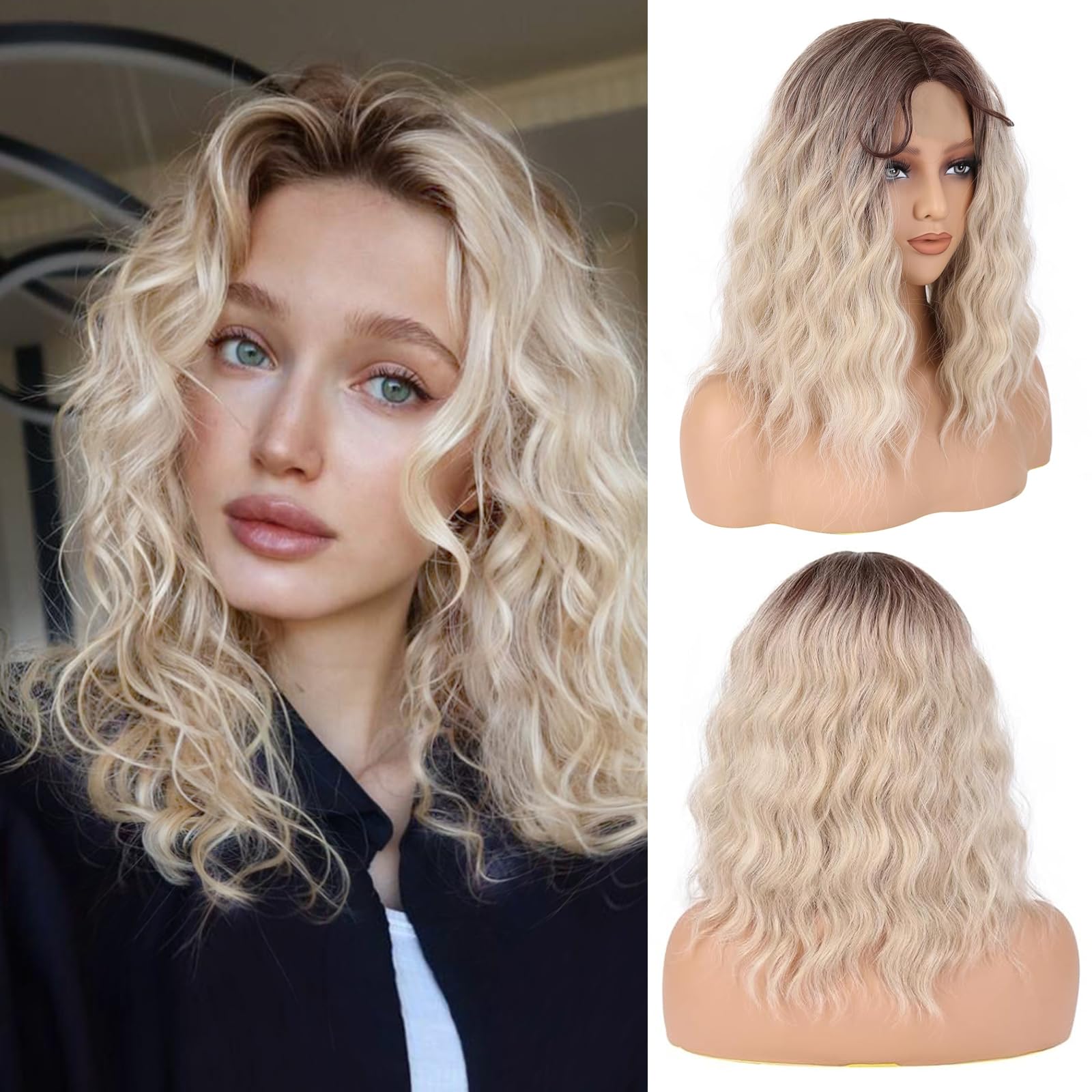 Photo 1 of Ombre Walnut Brown to Ash Blonde Wigs for Women 16 Inch Medium Length Middle Part Curly Wavy Wig Natural Looking Synthetic Hair Wig for Daily Party/Halloween Use 16IN Ombre Walnut Brown to Ash Blonde
