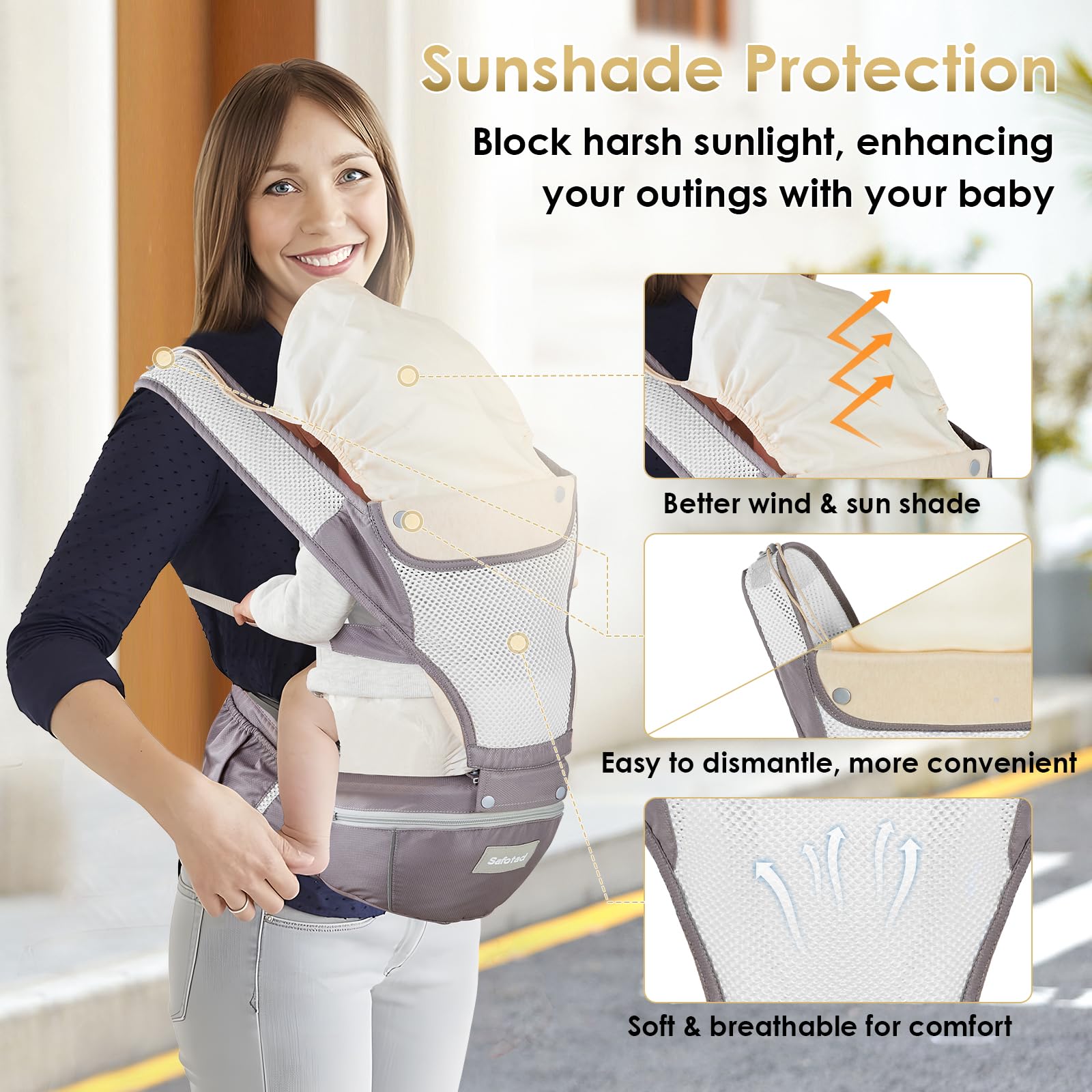 Safotad Baby Carrier Newborn to Toddler, Lightweight Ergonomic Baby Hip Seat Carrier Up to 33lbs, Adjustable Extended Waistband Infant Carrier with Breathable Sunshield, Light Grey